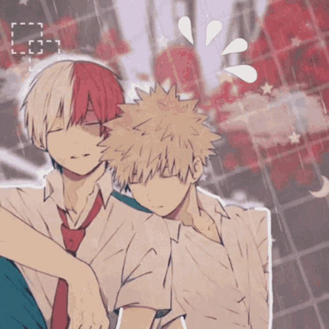 a drawing of two anime characters one of which has a red and white patch on his head