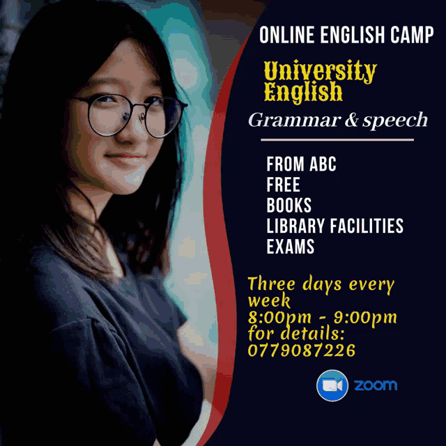 an advertisement for university english grammar and speech with a girl wearing glasses