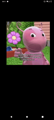 a pink cartoon character is holding a purple flower in his hand