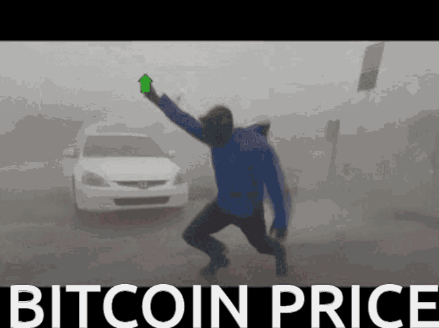 a man in a blue jacket holds up a green arrow in front of a white car with the words bitcoin price written below him