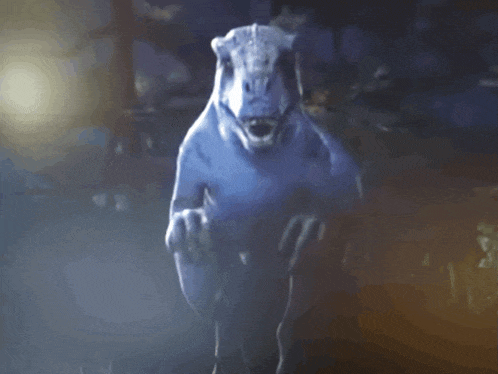 a painting of a dinosaur with its mouth open in the dark