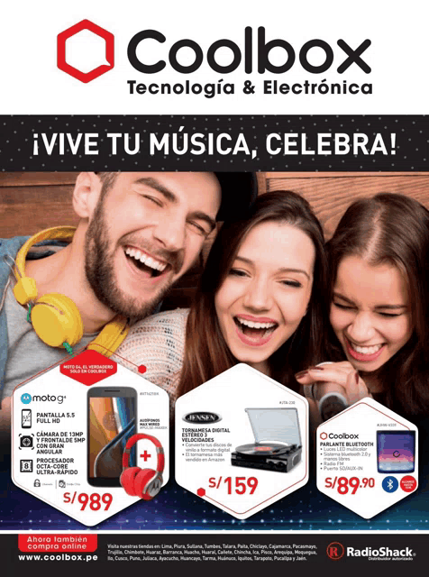 an advertisement for coolbox tecnologia & electronica shows three people laughing