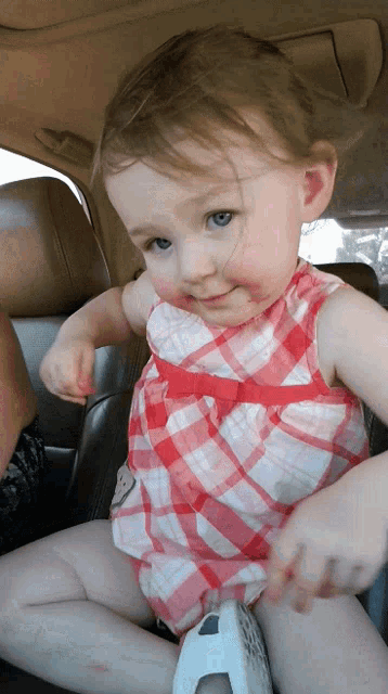 a little girl in a plaid dress is sitting in a car