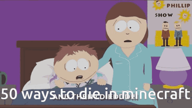 a cartoon of a woman standing next to a child in a bed with the words 50 ways to die in minecraft