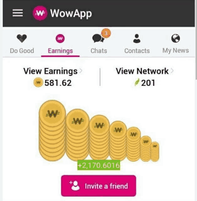 a screenshot of a wowapp app showing a stack of gold coins