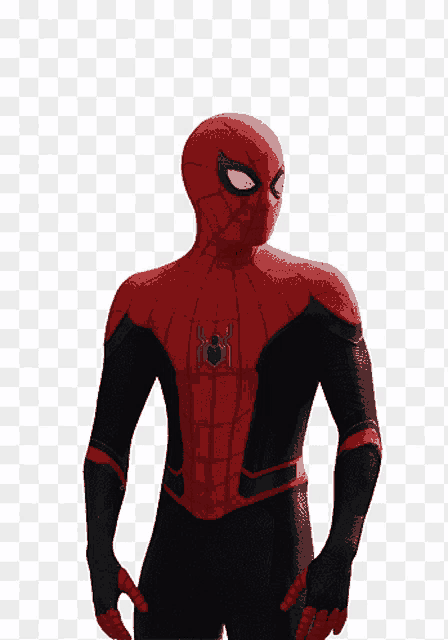 a spider man in a red and black suit is standing on a transparent background