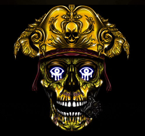 a pirate skull with a gold hat and glowing eyes