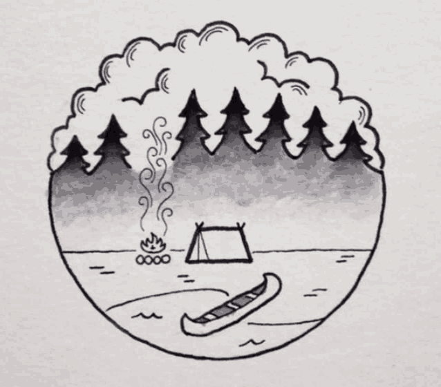 a black and white drawing of a canoe and a tent