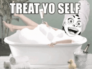 a woman is taking a bath with a towel wrapped around her head and the words treat yo self above her