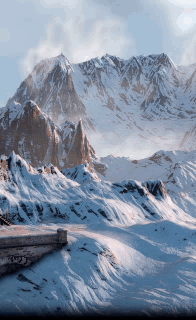 a snowy mountain landscape with a few rocks in the foreground and a few trees in the background