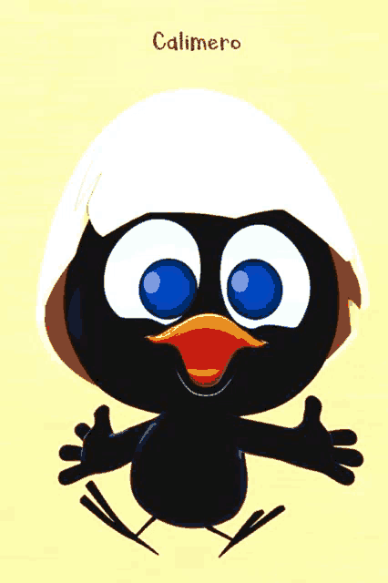 a cartoon drawing of a black bird with blue eyes and the name calimero on the bottom