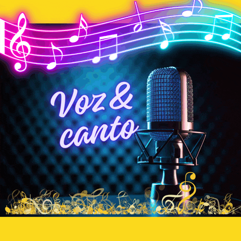 a microphone is surrounded by music notes and the words voz & canto