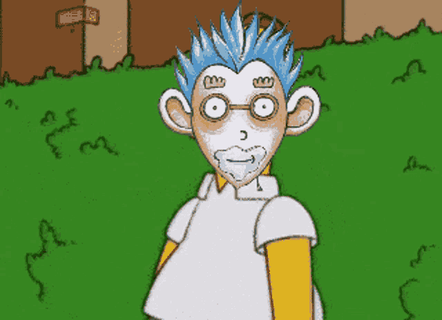 a cartoon character with blue hair and glasses stands in the grass