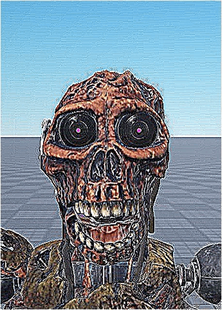 a close up of a skeleton with a blue sky in the background and purple eyes .