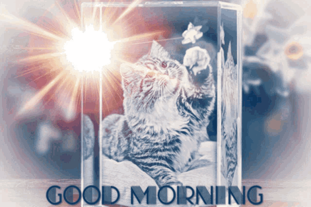 a picture of a cat in a glass block with the words good morning