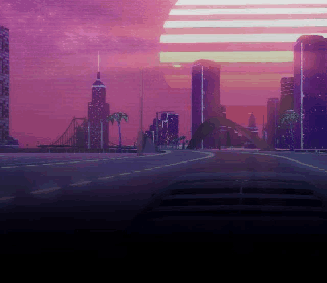 a painting of a city at night with a purple sky