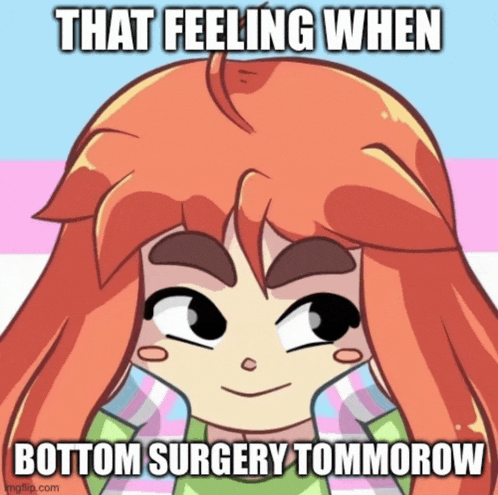 a cartoon of a girl with a caption that reads that feeling when bottom surgery tommorow