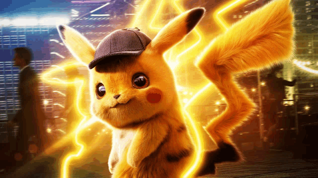 a pikachu with a detective hat on is surrounded by lightning