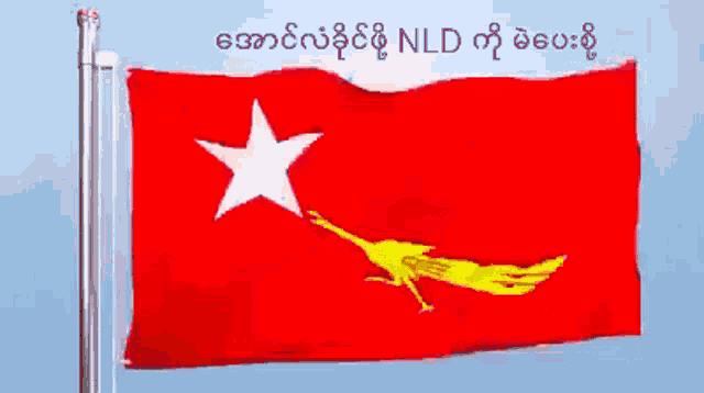 a red flag with a white star and yellow bird on it