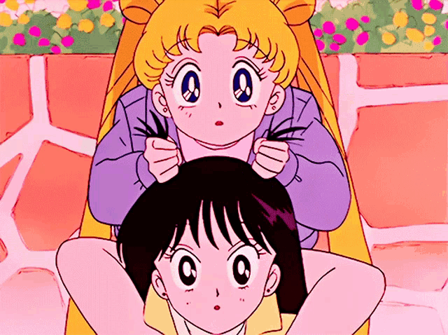 a cartoon of two girls playing with each other 's hair and one has the letter o on her face