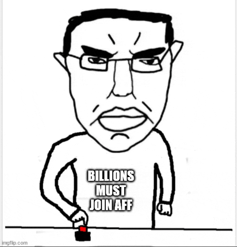 a black and white drawing of a man with glasses holding a red button that says billions must join aff