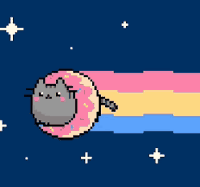 a pixel art of a cat and a donut with a rainbow behind it