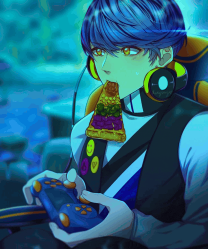 a boy with blue hair is eating a slice of pizza while holding a game controller