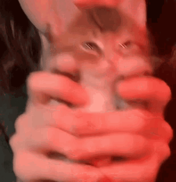 a close up of a person holding a kitten in their hands with a red light behind them .