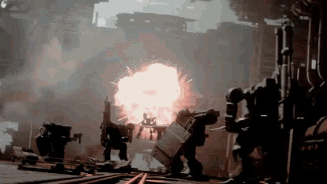a group of robots are standing in front of an explosion