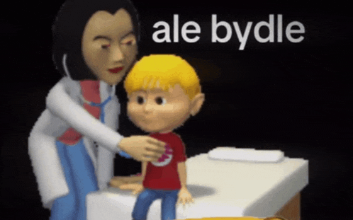 a cartoon of a doctor examining a child with the word ale bydle written on the bottom