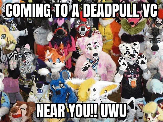 a bunch of stuffed animals with the words " coming to a deadpull vc near you ! uwu "