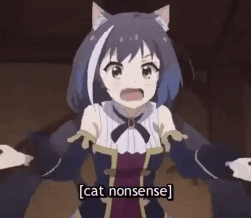 a girl with cat ears is standing in a room and saying cat nonsense .