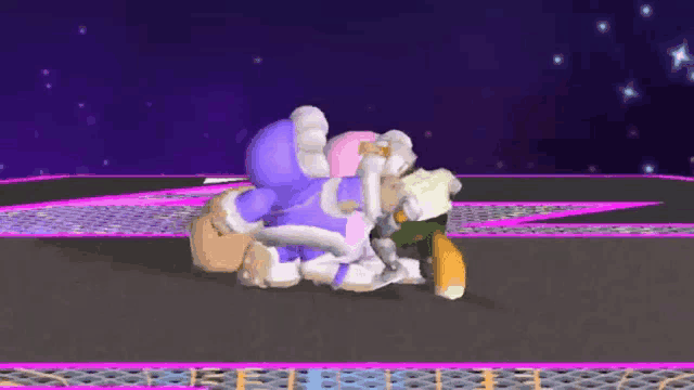 a couple of cartoon characters are sitting on top of each other on a purple surface .