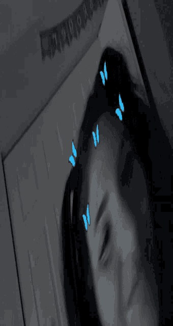 a black and white photo of a woman with blue butterflies on her forehead