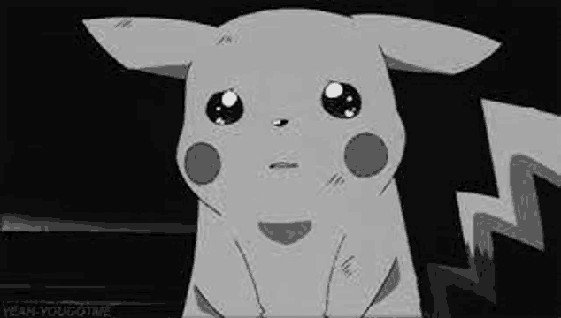 a black and white cartoon of a pikachu crying with a lightning bolt in the background .