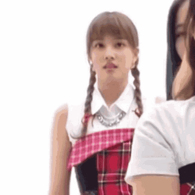 a woman in a plaid dress and braids is standing next to another woman .