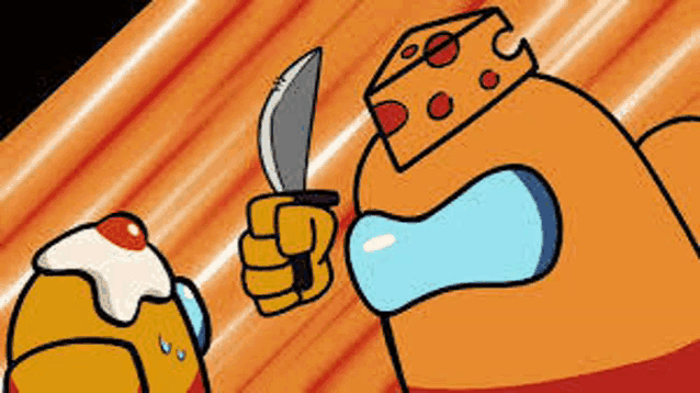 a cartoon of an orange among us character holding a knife next to a cheese character .