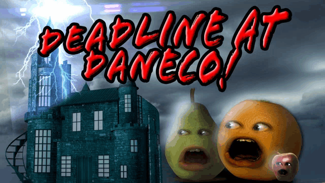 a poster for deadline at panelo shows a castle and a pear and orange