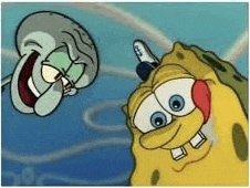 spongebob and squidward from spongebob squarepants are standing next to each other in the ocean .