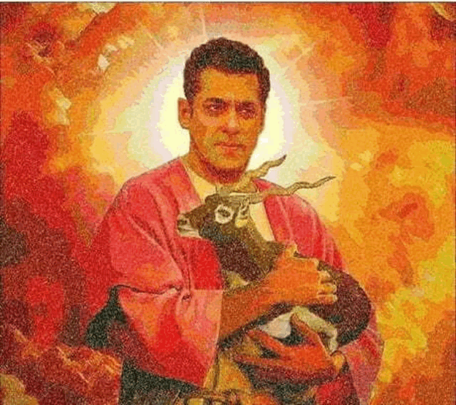 a man in a pink robe is holding a goat in his hands in a painting .