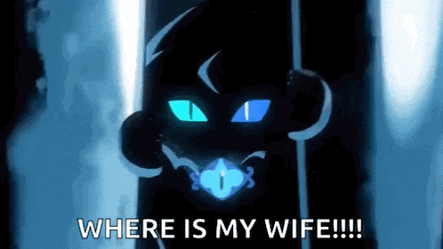 a cartoon character with blue eyes is standing in a dark room .
