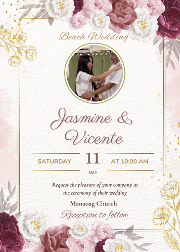 a wedding invitation for jasmine and vicente on saturday may 11th at 10:00 am