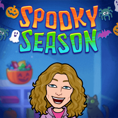 a cartoon woman is smiling in front of a spooky season sign