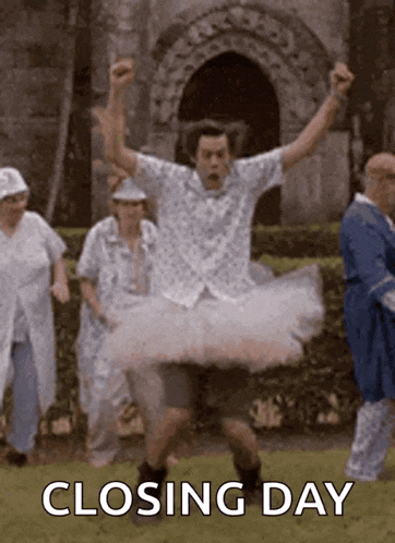 a man in a tutu is dancing in front of a group of people with the words closing day above him