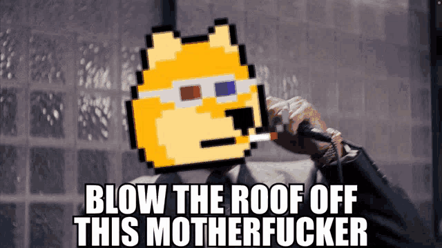 a pixel art doge says blow the roof off this motherfucker in front of a microphone