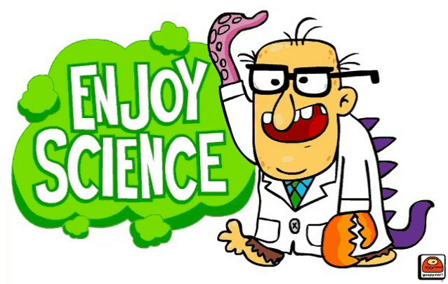 a cartoon of a man in a lab coat with the words enjoy science written above him