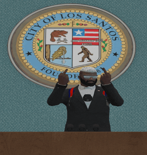 a man is giving the middle finger in front of a city of los santos seal