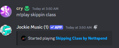 a screenshot of a chat with jockie music starting playing skipping class