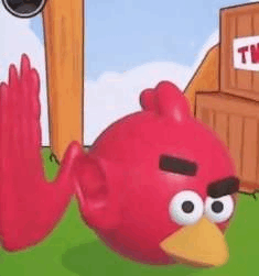 a red angry bird is waving its hand in a cartoon scene .