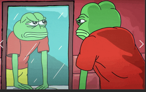 a green frog in a red shirt is looking at himself in the mirror